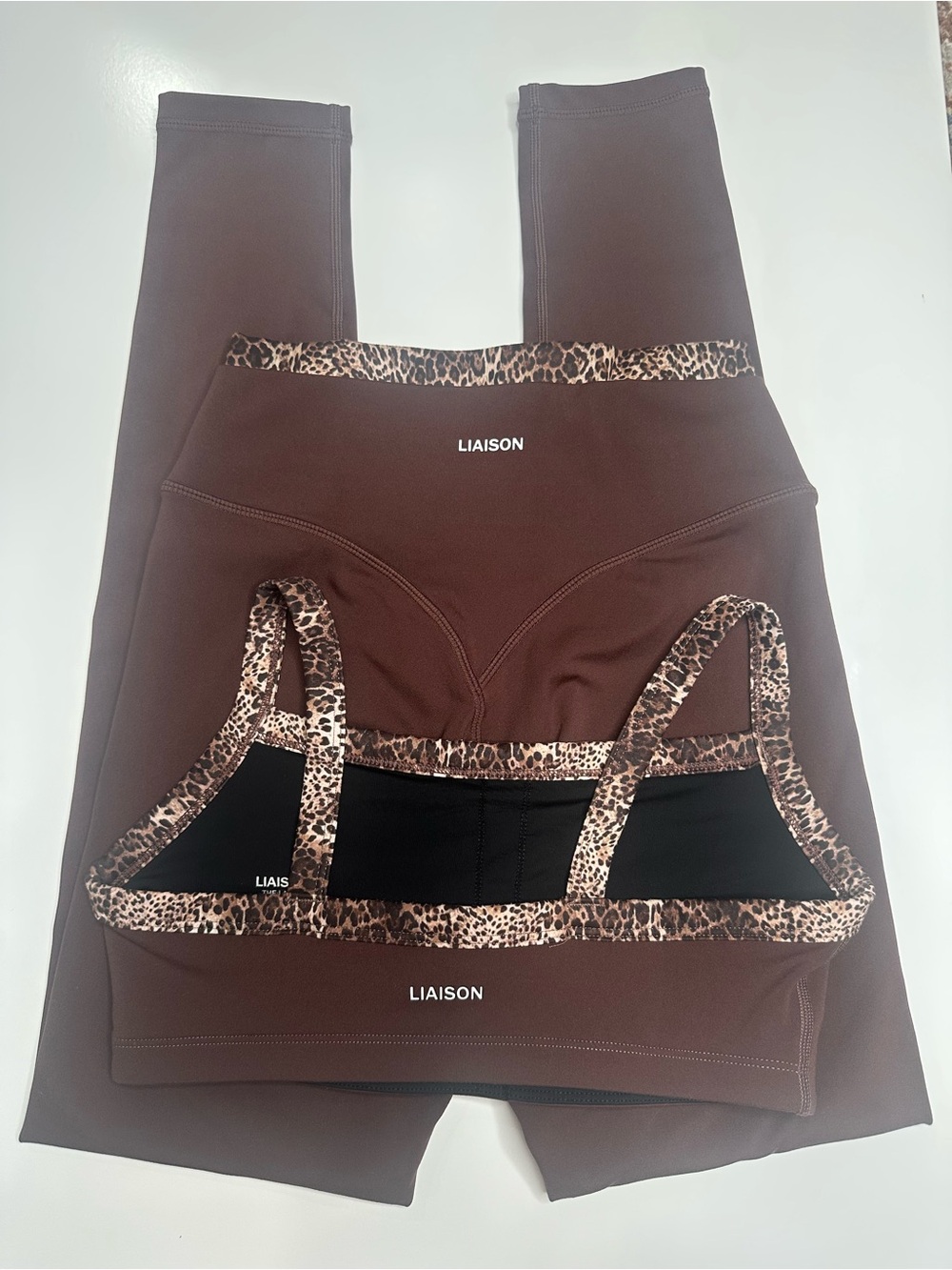 Liaison Women's Brown Leopard-Trim Sports Bra & Leggings